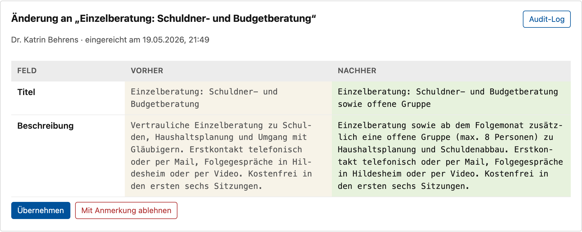 A change request to a published offer, shown as a before-and-after comparison of the title and description fields.