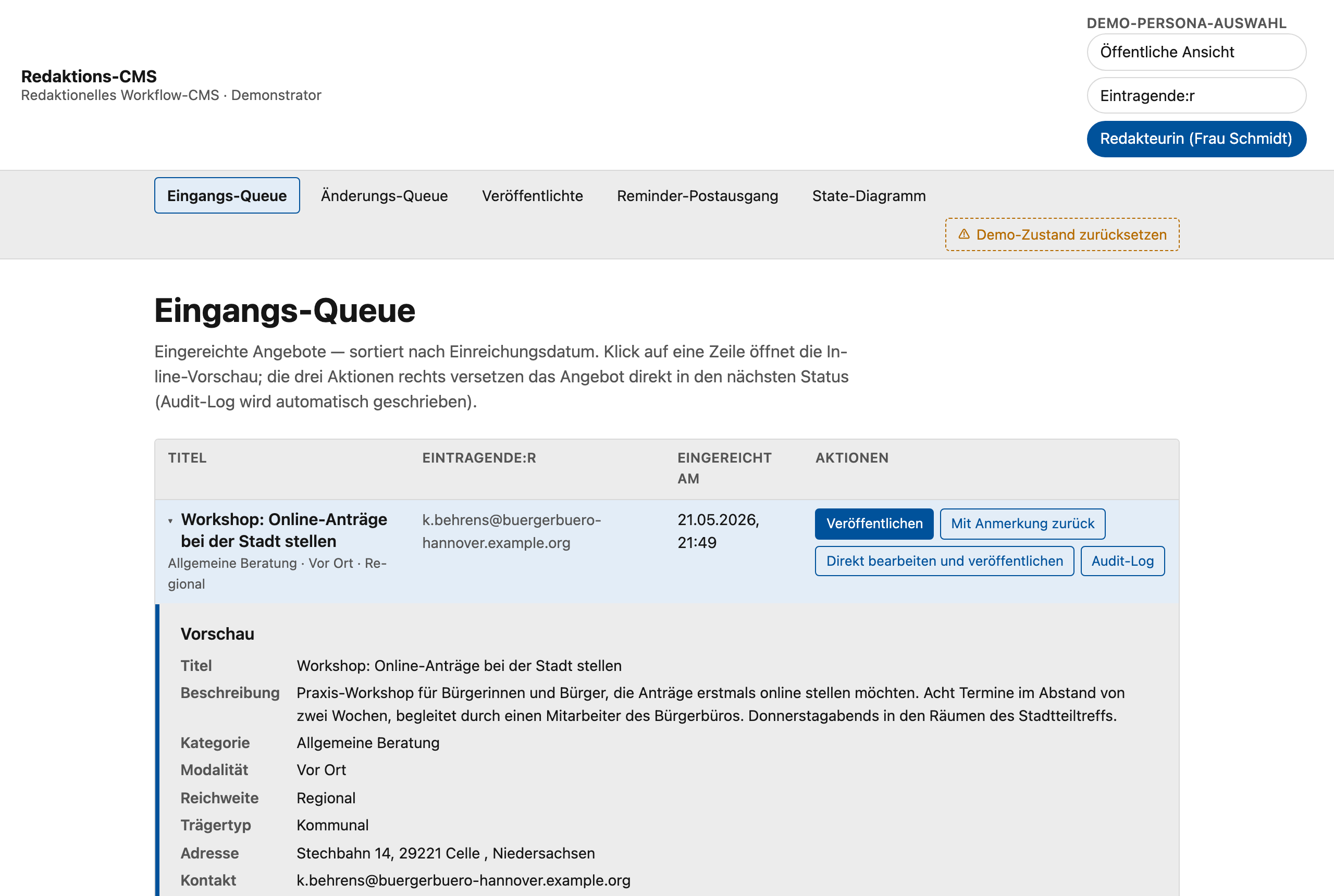 The editor's intake queue showing a submitted offer expanded into a preview, with publish, return-with-note and edit actions.
