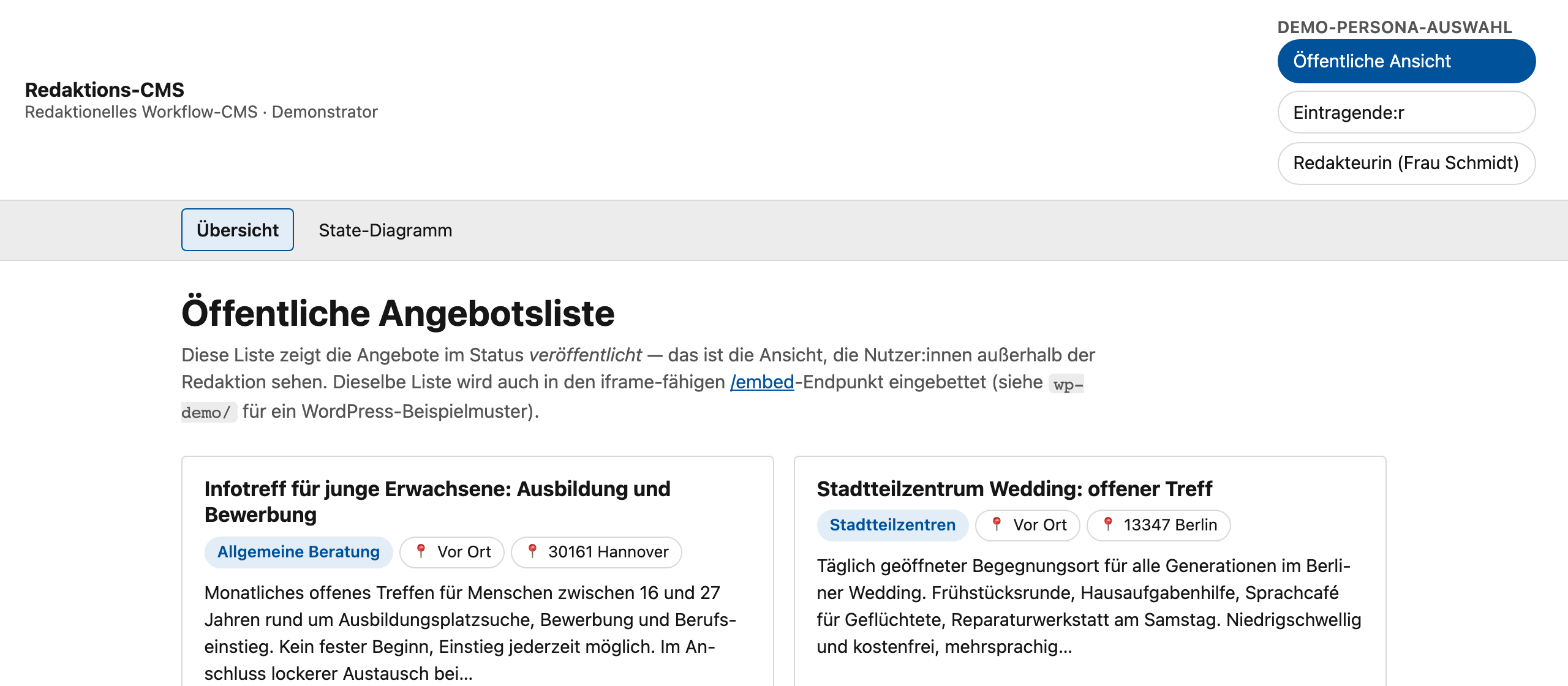Editorial CMS header with a demo persona selector for the public view, a contributor, and an editor, above the public list of published offers.
