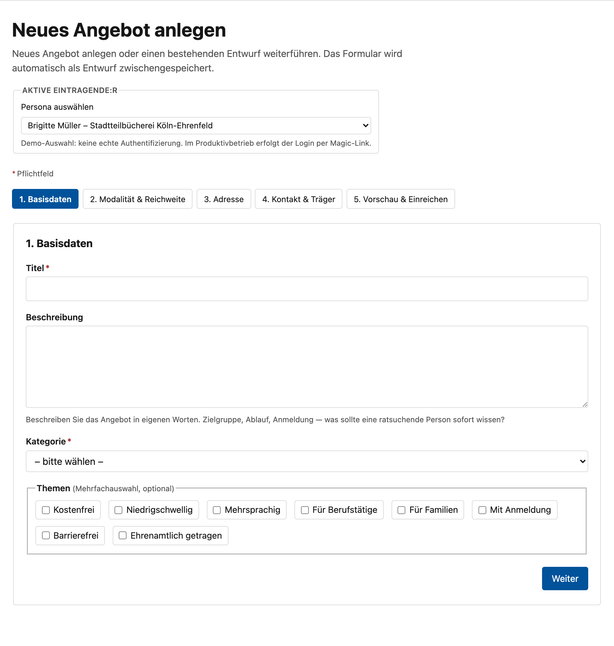 A contributor's five-step "new offer" form, on the first step, with title, description, category and target-group selectors.