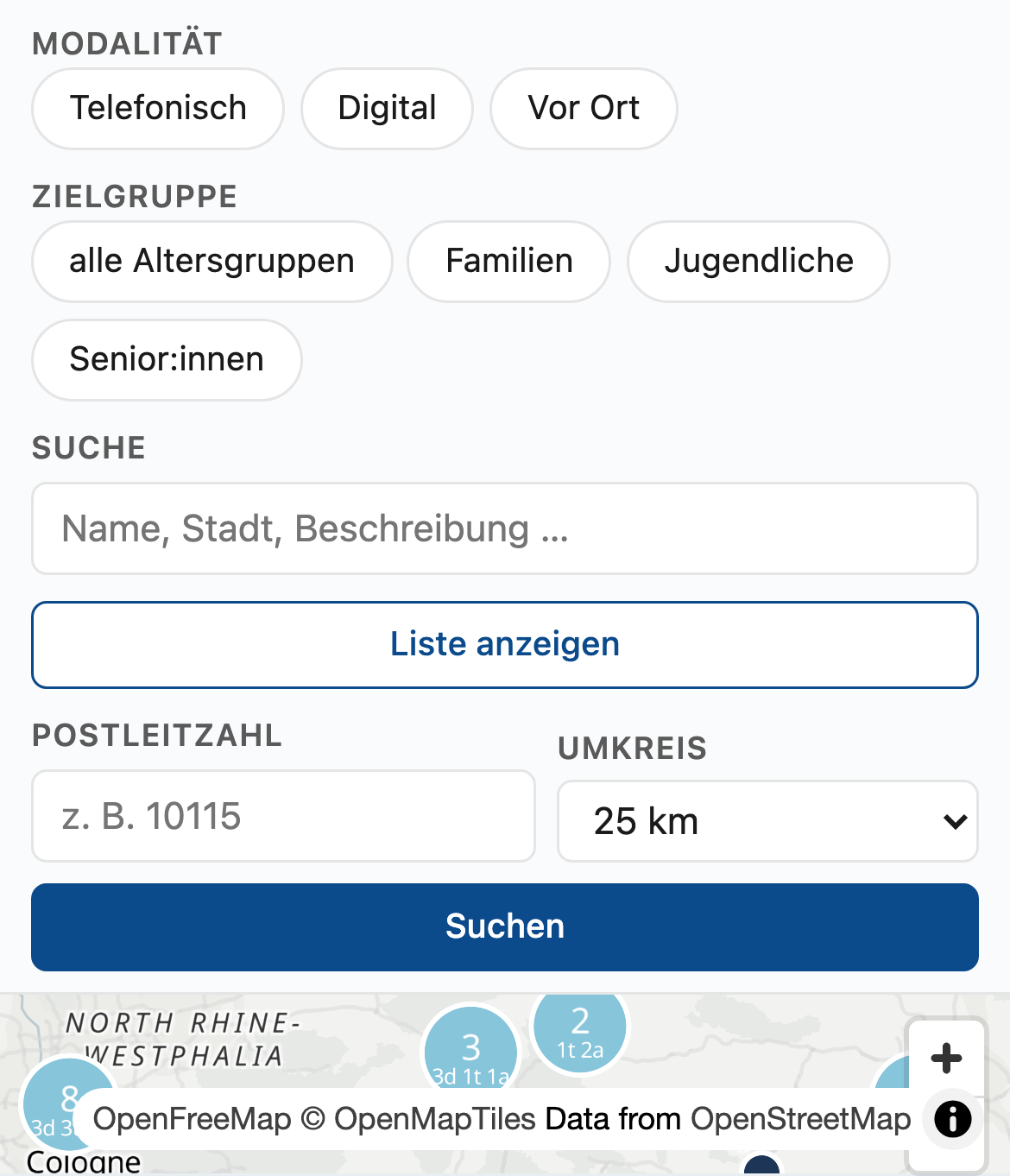 The offer map on a phone-width screen: the filter controls stack vertically above the map.