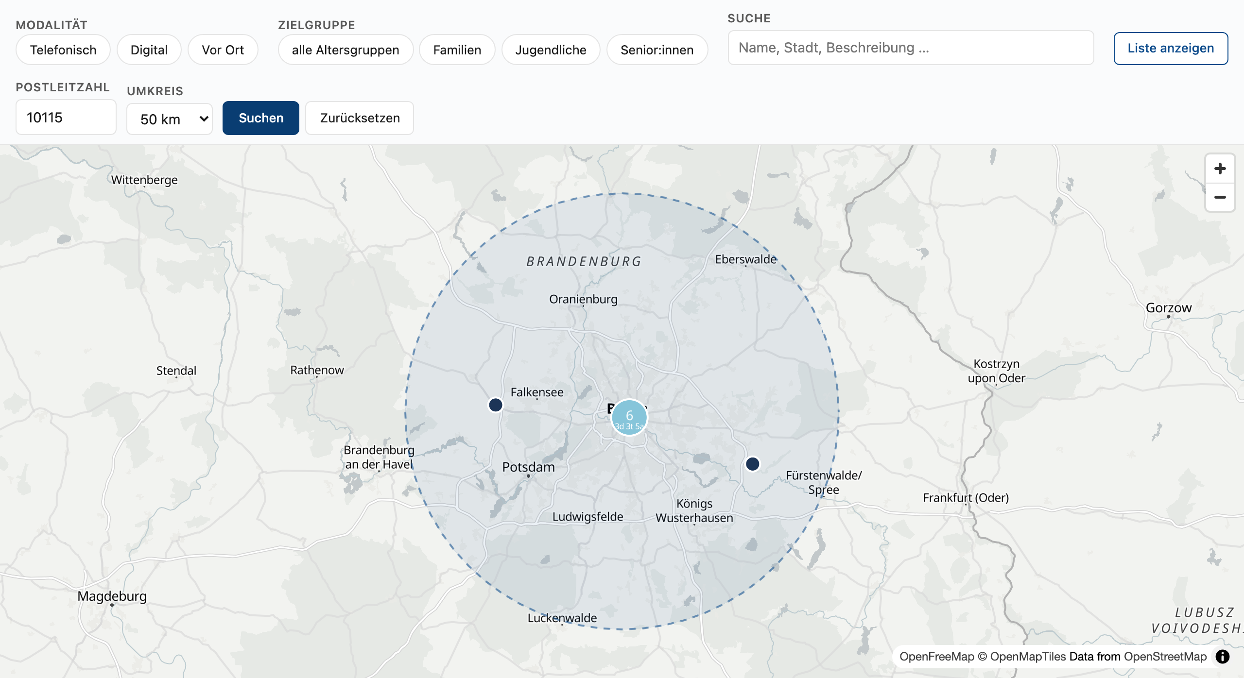 Offer map showing a postal-code radius search: a 50-kilometre search circle around a city centre with the matching markers inside it.